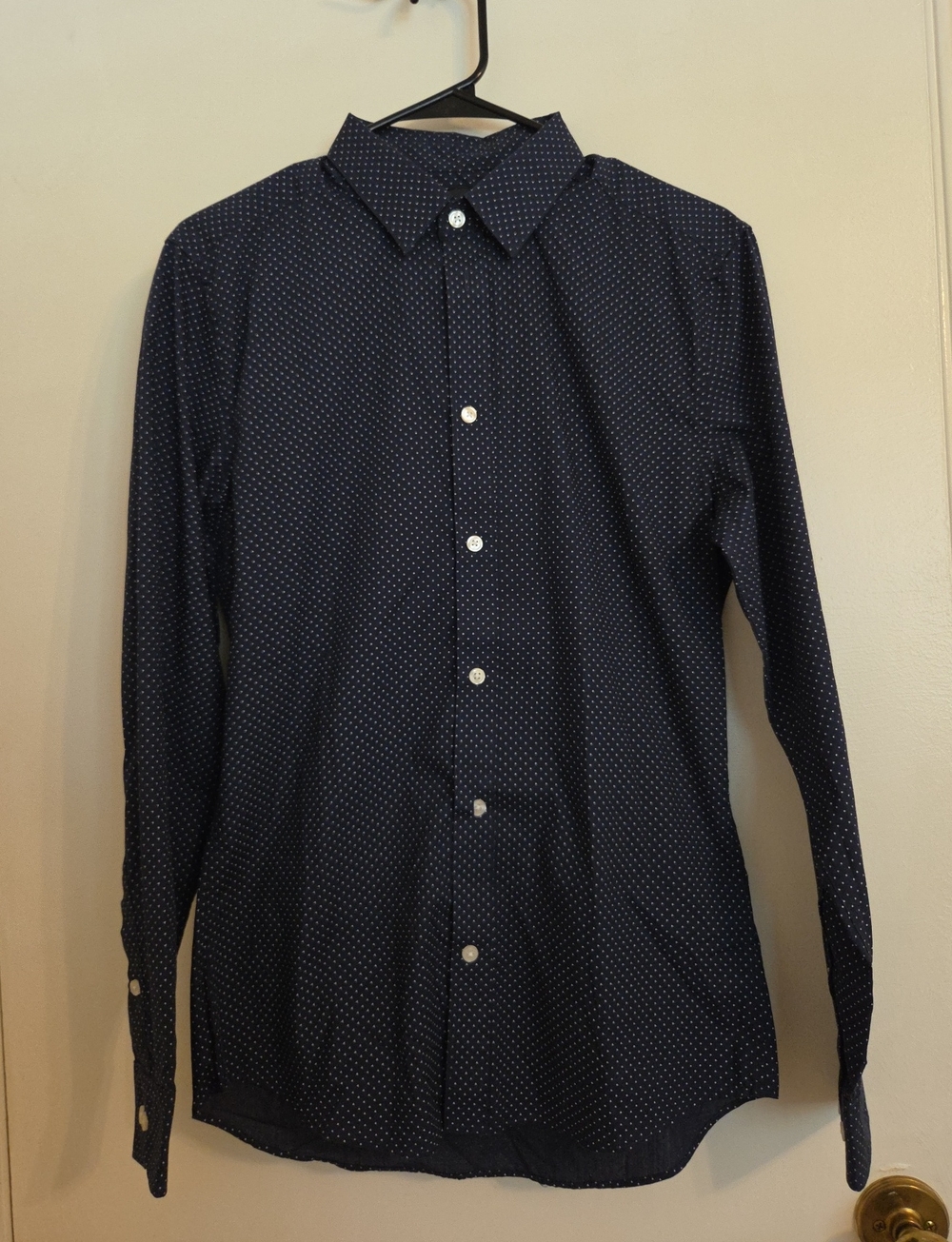 H&M Navy Button-Down Shirt with White Micro Dot Print